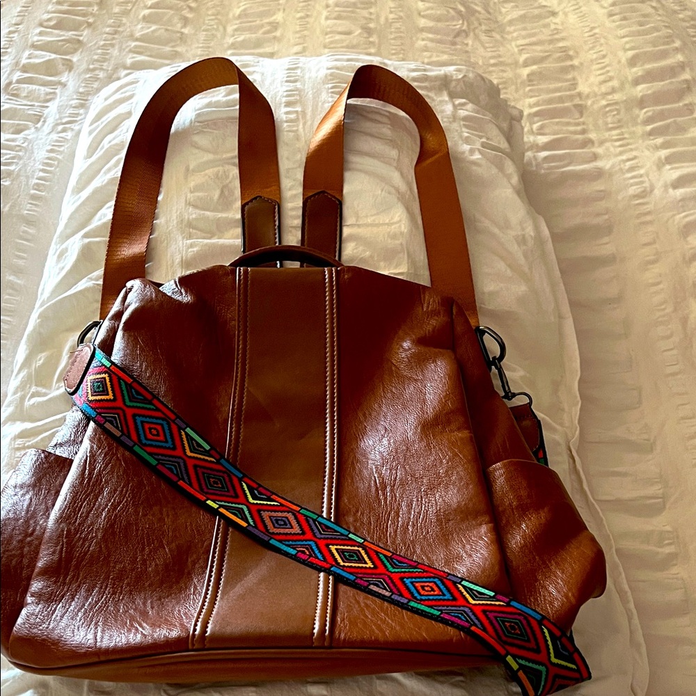 Elegant Tan Women's Backpack with Patterned Strap